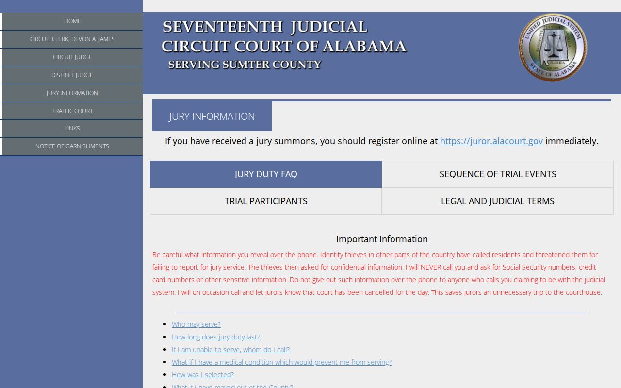 Sumter County Circuit Clerk jury information and reporting page