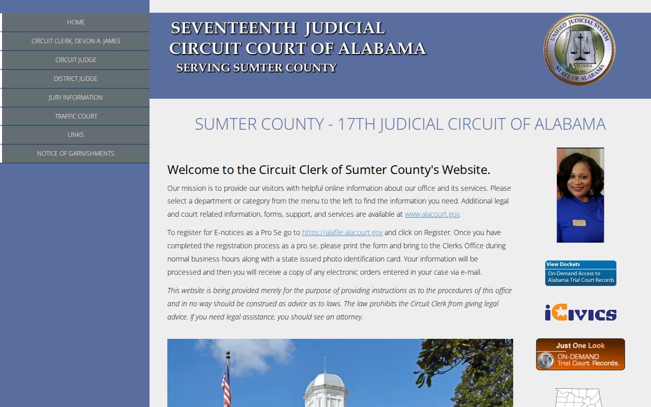 Sumter County Court records access on the official Alabama court page