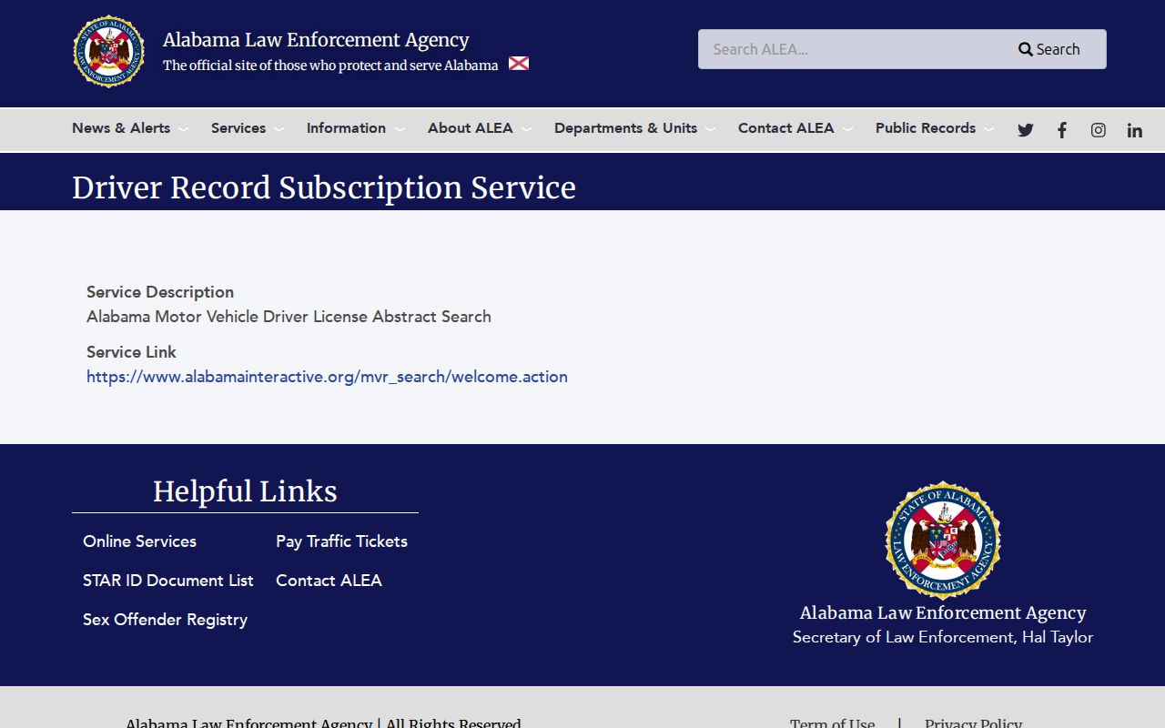 Sumter County inmate search warning for unrelated ALEA driver record service