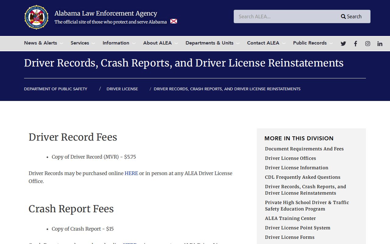Sumter County inmate search warning about separate ALEA driver and crash records