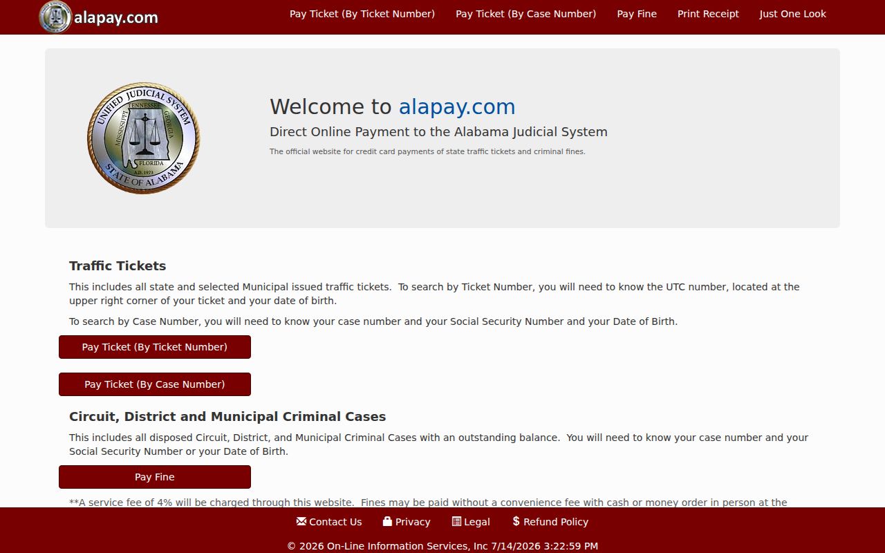 Sumter County traffic court records payment through official AlaPay